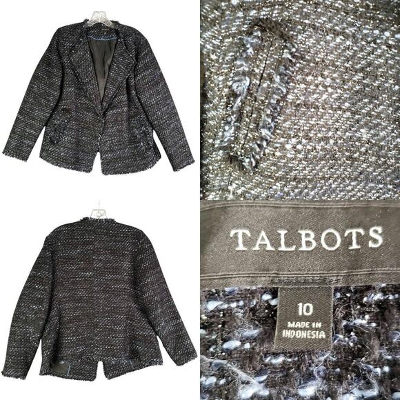 Talbots Blazer Jacket Women’s Size 10 Tweed Black Blue Fringe Lined - Picture 1 of 8